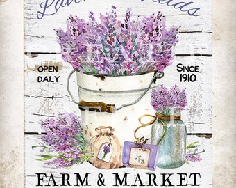 Vintage Shabby Chic Lavender Farm & Market DIY Sign Making Transfer Farmhouse Kitchen Lavender Herbs Wall Art Digital Print 2491