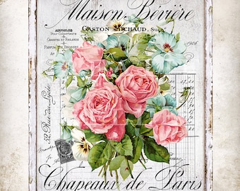 May include: A vintage-style floral print featuring a bouquet of pink roses, blue and white flowers, and green leaves. The artwork includes French text and is set against a distressed white background within a white frame. The words "Maison Beviere" and "Chapeaux de Paris" are visible.