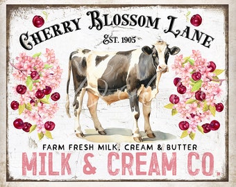 Vintage Shabby Chic Dairy Cow Cherry Blossoms  Modern Farmhouse DIY Wall Sign Farm Style Wreath Accent Tier Tray Decor DIGITAL Print 2925
