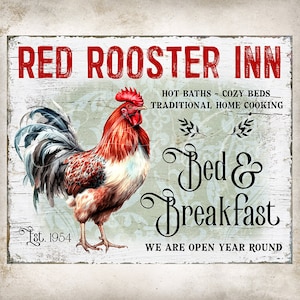 Red Rooster Inn Bed & Breakfast vintage rustieke boerderij DIY muurbord landelijke stijl haan kippenhok schuur bord digitale print 2953