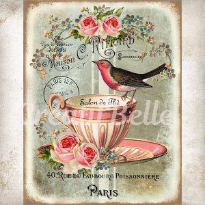 French Vintage Shabby Chic Teacup and Roses, Instant Digital Download, Printable Graphic Transfer Image 1421