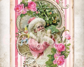 Vintage Shabby Chic Pink Santa , Instant Digital Download, Printable Holiday Graphic Transfer Image 1459