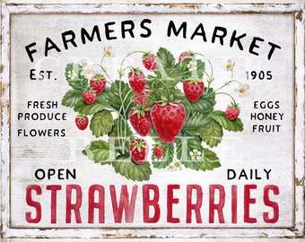 Modern Farmhouse Decor Chippy Wood Strawberry Sign Farmers Market Country Fruit Sign Wreath Sign Making Summer Fruit Sign Digital Print 2220