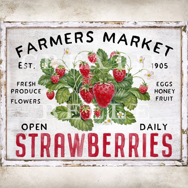 Modern Farmhouse Decor Chippy Wood Strawberry Sign Farmers Market Country Fruit Sign Wreath Sign Making Summer Fruit Sign Digital Print 2220