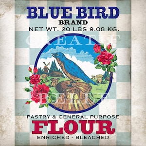 Blue Bird Label Flour Sack Label Feed Sack Transfer Primitive Vintage Flour Label Rustic Food Label Farmhouse Kitchen Digital Print 2564