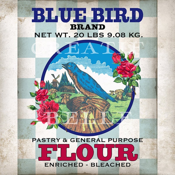 Blue Bird Label Flour Sack Label Feed Sack Transfer Primitive Vintage Flour Label Rustic Food Label Farmhouse Kitchen Digital Print 2564