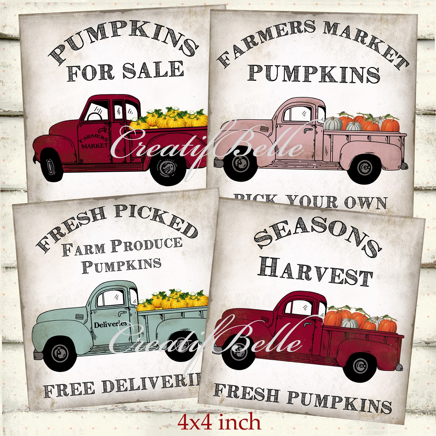 4x4 inch Square Vintage Pumpkin Trucks Instant Digital | Etsy