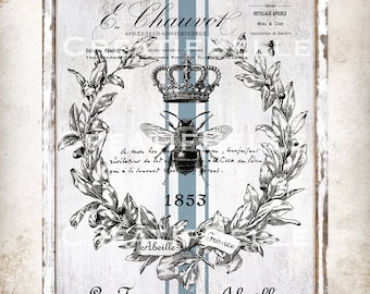 Op de afbeelding: Een vintage-illustratie van een bijenkorf met een kroon, een bij en een krans van bladeren. De tekst "L'APICULTURE MODERNE E. Chauvot APICULTEUR-CONSTRUCTEUR" is boven de illustratie gedrukt. De tekst "1853" is onder de illustratie gedrukt. De tekst "La Ferme aux Abeilles" is onder de tekst "1853" gedrukt.