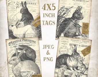 4 x 5.5 inch French Style Vintage Rabbit Tags Cards Easter Bunny Rabbits Wreath Accent Crafts Farmhouse Easter Decor Digital Print 1290