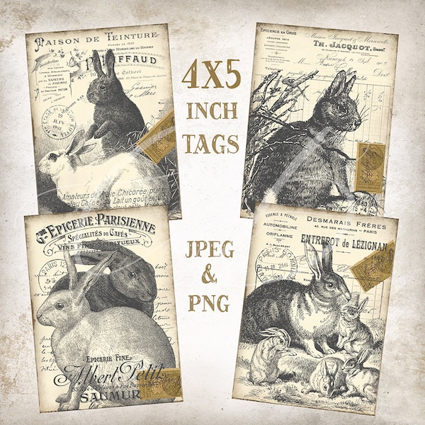 4 x 5.5 inch French Style Vintage Rabbit Tags Cards Easter Bunny Rabbits Wreath Accent Crafts Farmhouse Easter Decor Digital Print 1290