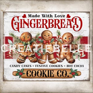 Puede incluir: Un letrero rectangular de madera con un fondo blanco desgastado y un marco blanco. El letrero presenta la palabra "GINGERBREAD" en escritura roja sobre tres hombres de jengibre. El letrero también incluye el texto "Made With Love", "CANDY CANES - FESTIVE COOKIES - HOT COCOA" y "COOKIE CO."