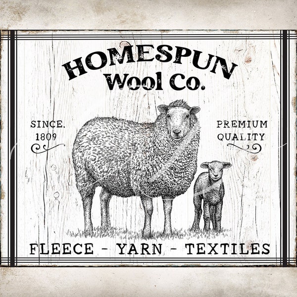 Homespun Wool Rustic Country Farmhouse Sheep Sign DIY Wreath Accent Tier Tray Decor Fabric Transfer Farm Style Decor Digital Print 2719