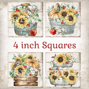 4 inch Fall Sunflower Pumpkin Squares Farmhouse Fall Decor Coaster Transfer Autumn Tiered Tray Decor Country Fall Florals Digital Print 2627