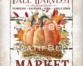 Rustic Fall Harvest Market Pumpkins & Corn Autumn Wreath Accent Fall Tier Tray Home Decor Colourful Fall Leaves DIGITAL Print 2066