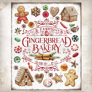 May include: A vintage-style sign for a gingerbread bakery, with watercolour illustrations of gingerbread men, houses, cookies, and sweets. The sign is white with red lettering and decorative elements, ideal for festive decor.