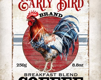 Vintage Rooster Coffee, Farmhouse DIY Coffee Sign, Coffee Label, Can Jar Label, Rustic Country Kitchen Wall Art, Digital Print 2945