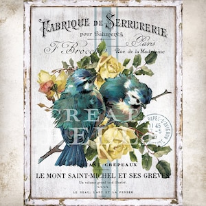 Französische Vintage blaue Vögel gelbe viktorianische Rosen Ephemera Kranz Dekor, der Transfer Tiered Tablett Dekor Kunst Transfer Digitaldruck 2237