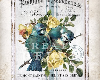 French Vintage Blue Birds Yellow Victorian Roses Ephemera Wreath Decor Making Transfer Tiered Tray Decor Art Transfer Digital Print 2237