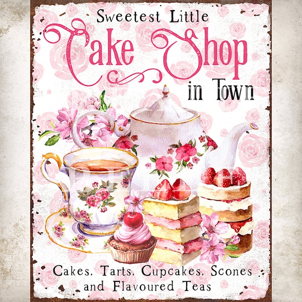 Vintage Shabby Chic Cake Shop Sign Cupcakes Tarts Tea Cup Bakery DIY Sign Making Farmhouse Shabby Kitchen Sign Digital Print 2591