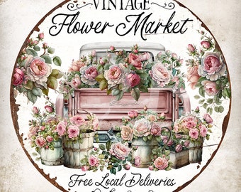 8 inch Vintage Flower Truck Circle Shabby Chic Home Decor Door Hanger Wreath Accent Antique Roses DIY Sign Making Digital Print 2762