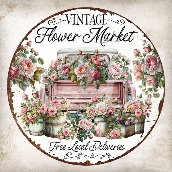 8 inch Vintage Flower Truck Circle Shabby Chic Home Decor Door Hanger Wreath Accent Antique Roses DIY Sign Making Digital Print 2762