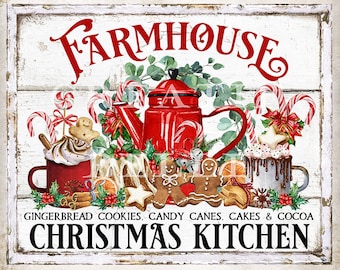 May include: A farmhouse-style Christmas kitchen sign with a distressed white wooden background. The sign features a red teapot, mugs of cocoa, gingerbread cookies, candy canes, and the text "Farmhouse Christmas Kitchen."