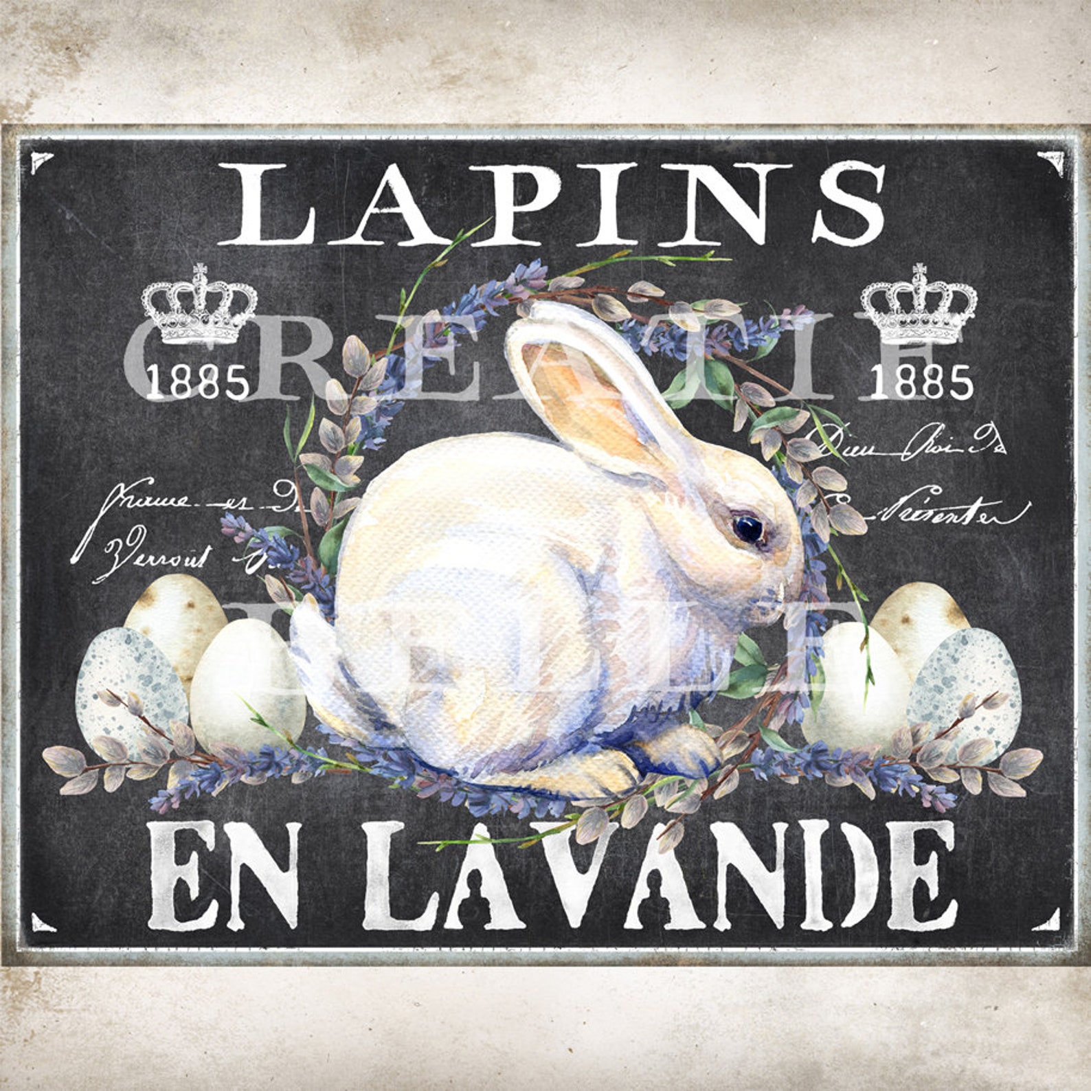 French Vintage Chalkboard Easter Bunny and Lavender Easter Etsy