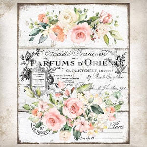 Ghirlanda di rose in stile vintage francese shabby chic, decorazioni artigianali, decorazioni per la casa in stile fattoria francese, arte murale per il bagno, stampa digitale di profumi francesi 2781