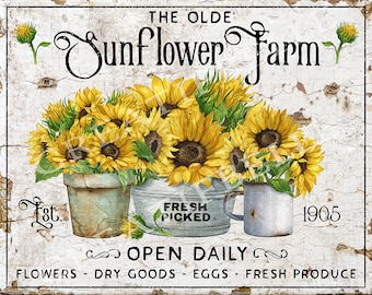 Sunflower Farm, Old Sunflower Sign, Farmhouse Sunflower Wall Decor, Tiered Tray Decor, Rustic Country Style Sunflowers, Digital Print 2548