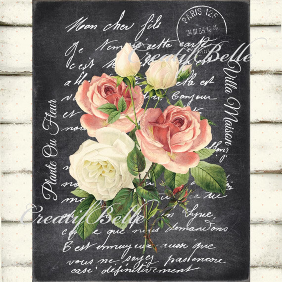 Vintage Chalkboard Rose Bouquet Large Instant Digital Download Etsy