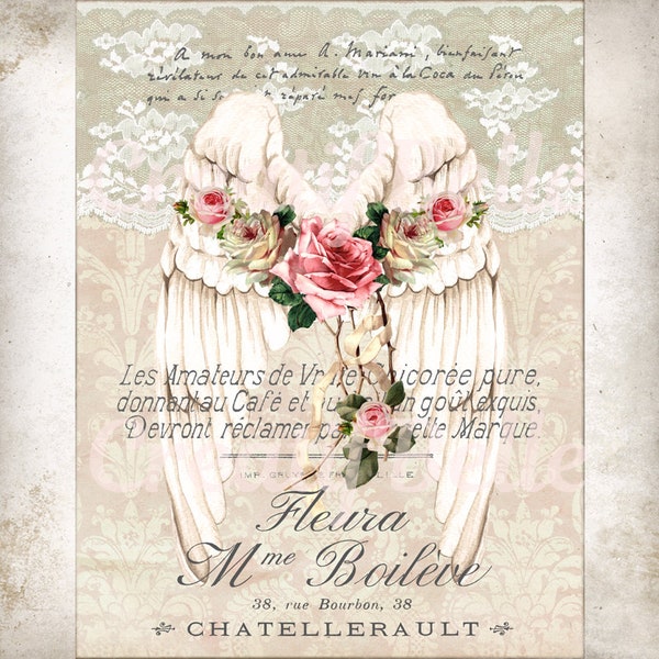 Vintage Digital Shabby Chic Angel Wings, Instant Download Print, Wedding , Birthday, Victorian Roses , Feminine French Image 1612