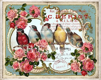 French Victorian Birds on a Branch Vintage Roses Wreath Accent DIY Sign French Farmhouse Wall Art Tier Tray Decor Digital YOU Print 0782