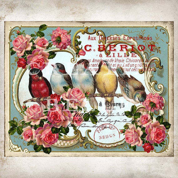 French Victorian Birds on a Branch Vintage Roses Wreath Accent DIY Sign  French Farmhouse Wall Art Tier Tray Decor Digital YOU Print 0782