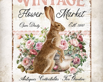 Vintage Shabby Chic Roses Rabbit Victorian Easter Floral Farmhouse Home Decor DIY Sign Wreath Accent Tier Tray Decor DIGITAL Print 2922