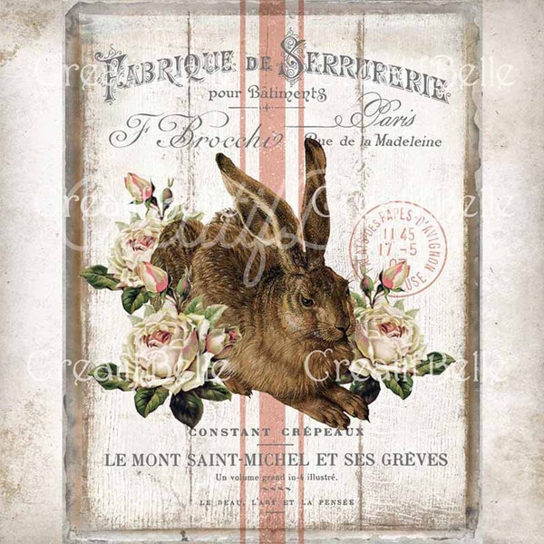 French Rustic Easter Rabbit, Easter Wreath Accent Decor Sign, Easter Card Making, Easter Pillow Transfer, Digital Print 1844