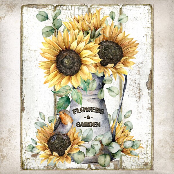 Sunflower Pitcher Rustic Farmhouse DIY Wall Sign Tier Tray Decor Country Decor Style Sunflowers Sign Making Transfer Digital Print 2192