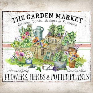Vintage Garden Market Potted Plants Garden Tools Herbs Flowers Farmhouse Potting Shed DIY Sign Wreath Accent Digital Print 2750