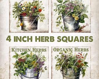 4 inch Vintage Herb Bucket Squares Country Farmhouse DIY Herb Coaster Transfer Tier Tray Decor Wreath Accent DIY Sign DIGITAL Print 2939