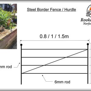 May include: Steel border fence or hurdle, with dimensions of 0.8, 1, or 1.5 meters. The design includes 10mm and 6mm rods, with a total height of 500mm. The image also shows a photo of the fence in a garden setting.