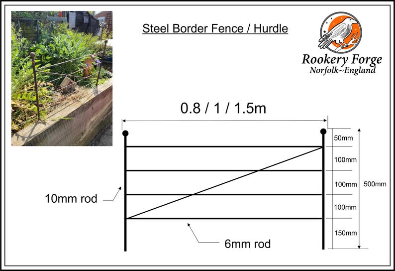 May include: Steel border fence or hurdle, with dimensions of 0.8, 1, or 1.5 meters. The design includes 10mm and 6mm rods, with a total height of 500mm. The image also shows a photo of the fence in a garden setting.