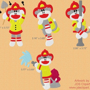Puede incluir: Cuatro diseños bordados de un mono vestido de bombero. El mono lleva un gorro rojo, una chaqueta amarilla y calcetines a rayas rojas y blancas. Los diseños miden aproximadamente 5,5 cm por 9,5 cm, 5,5 cm por 9,4 cm, 5,2 cm por 9,4 cm y 9,6 cm por 9,4 cm.