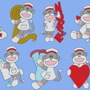 May include: Seven illustrations of sock monkeys dressed as nurses. Each monkey is holding a different medical item, including a first aid kit, a bandage roll, a stethoscope, a red cross, a syringe, a test tube, and a heart that says "I love you".