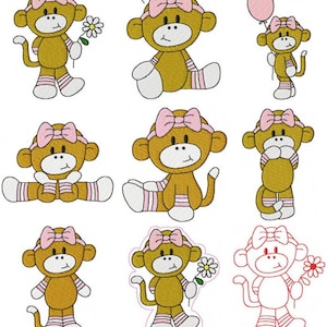 May include: Nine embroidered designs of a cute cartoon monkey wearing a pink bow and pink and white striped socks. The monkey is in different poses, including holding a flower, sitting, standing, and holding a balloon.