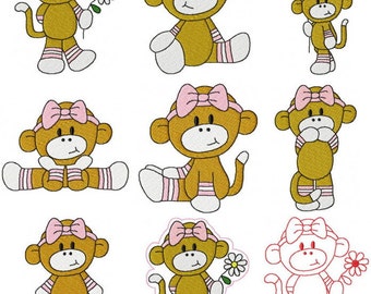 28 Baby Girl Set #2 Sock Monkey Machine Embroidery Design Files 4x4 & 5x7