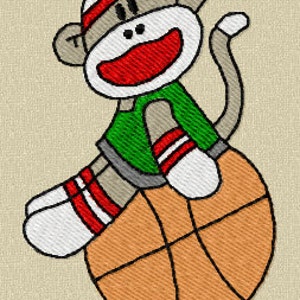 May include: A cartoon monkey wearing a red and white hat, green shirt, and striped socks sits on a brown basketball.
