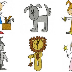 May include: A set of six stick figure illustrations featuring characters from the Wizard of Oz. The characters include Dorothy, Toto, the Scarecrow, the Tin Man, the Cowardly Lion, and Glinda the Good Witch. The illustrations are drawn in a simple, childlike style.