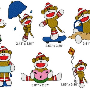 21 Summer Fun Sock Monkey Machine Embroidery Design Files 4x4 with Finger Puppets image 1