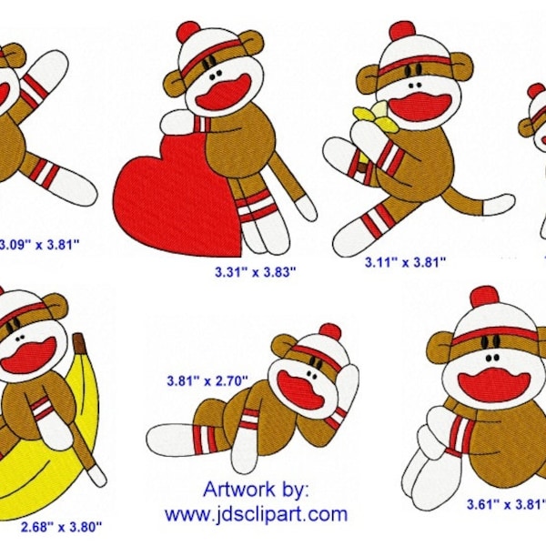 28 Sock Monkey Machine Embroidery Design Files 4x4