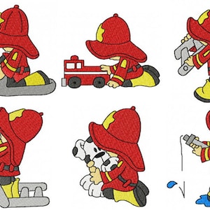 May include: A set of eight cartoon illustrations of a firefighter in various poses. The firefighter is wearing a red helmet and jacket, yellow pants, and black boots. The firefighter is holding a ladder, a hose, a fire hydrant, and a toy fire truck.