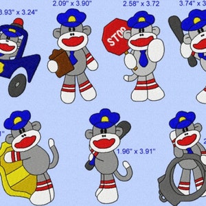 May include: A set of seven illustrated sock monkey characters dressed as police officers. Each monkey is wearing a blue police hat, a blue tie, and red and white striped socks. The monkeys are holding various police-related items, including a police car, a notepad, a stop sign, a baton, a shield, a baseball bat, and handcuffs. The background is light blue.